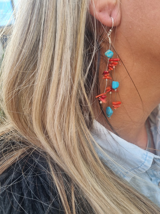 Boucles d'oreilles - Corail & Pierres turquoises